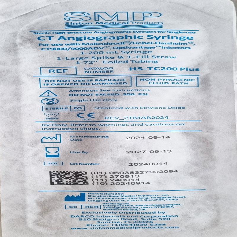 Стерильні ангіографічні шприци висок. тиску однораз. використ. HS-TC200Plus у складі: шприц 200мл.-1шт. трубка набора1шт.+ велика голка 1шт,1-72" вита трубка1шт